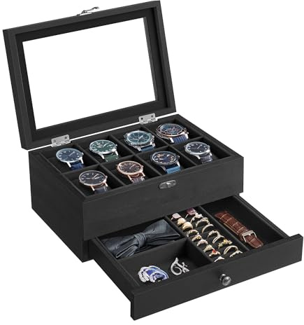 SONGMICS Watch Box with 8 Slots, 2-Tier Wood Watch Case with Large Glass Lid, Watch Pillows, Velvet Lining, Jewellery Box, Gift for Loved Ones, Ink Black JOW008B02