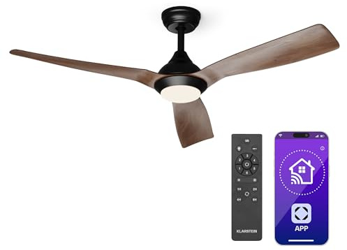 KLARSTEIN Fiji Flow Ventilador de Techo con Luz – Smart App, Mando a Distancia, 6 Velocidades, Modos Verano & Invierno, LED Regulable, 132cm, Nogal