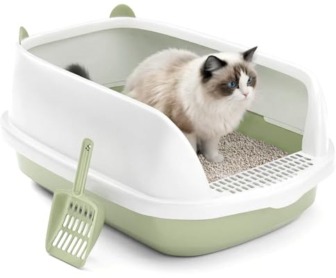 Cat Litter Tray Box, Litter Box, Plastic Cat Open Top Litter Tray with Free Scoop Kitten Detachable Rim Easy Cleaning,48 x 40 x 20cm (Green)