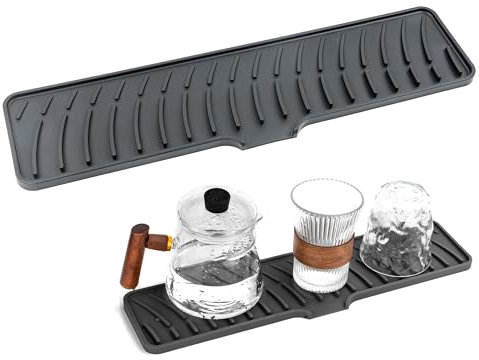 Schmale Silikon Abtropfmatte für Geschirr, Rutschfeste Spülbecken Matte mit Ablauf, Wasserdicht, SpüLmatte für SpüLbecken für Küche oder unter Schneidbrett, Schwarz, 42x10cm