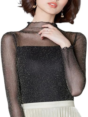 Chemise Inférieure en Maille Noire Transparente avec Paillettes pour Femmes