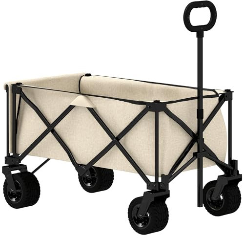 Outsunny Carro de jardín 100 kg cargable, Carro de Transporte Plegable con Lona Desmontable, asa, Ruedas, Carro de Mano Carro de jardín 138 litros, Carro de Herramientas para casa, jardín Beige