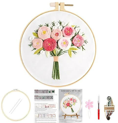 Huacan Kit de Broderie pour Adultes Débutant 1 Pièce Pré - Imprimé Fleurs Embroidery Starter Kits D'aiguilles de Fils de Couleur 29 x 29 cm