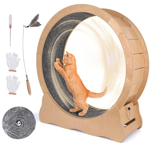 Doppy Rueda de ejercicio para gatos para gatos de interior con base mejorada y pista moquetada desmontable, rueda de madera de 43.3 pulgadas con bajo ruido para peso de fitness y entretenimiento