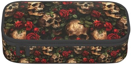 YANYU Skull and Red Rose Print Convenience Pencil Case 8.3 x 2 x 3.7 Inch Style for Pens Pencils Small Items, Black, One Size, Black, One size
