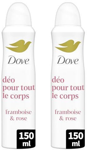 Dove - Déodorant pour Tout le Corps - Spray - Framboise & Rose - Anti Odeurs et Traces Blanches 72h - Conçu pour les Peaux Sensibles - Lot de 2x150ml