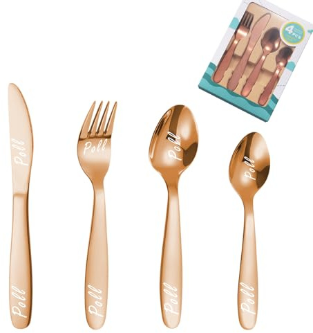 Uniqora Personalized Cutlery Set for Kids Custom Cutlery 4pcs Engraved Knife Fork Spoon Stainless Steel Cutlery Set Christening Christmas Gifts for Boy Kids Girls Cutlery Gifts (Rose Gold)