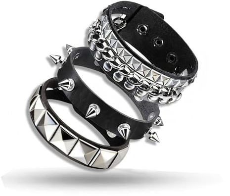 HUSHRICH Punk Rock Leather Bracelets Set, 3Pcs Punk Studded Bracelet Spiked Leather Cuff Bracelet for Men Women, Adjustable Gothic Wrap Wrist Cuffs Emo Jewellery