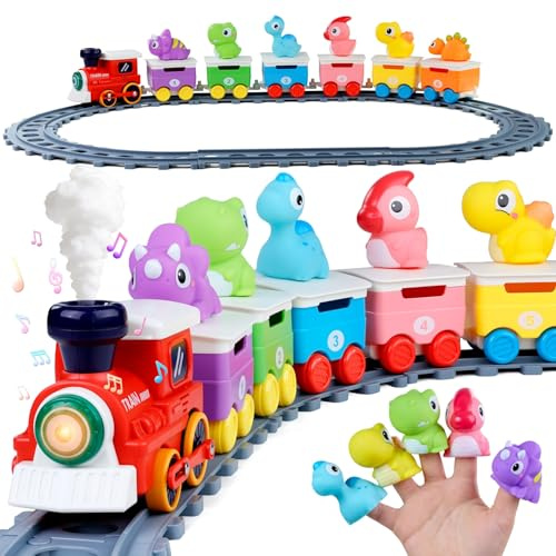 Meribbit Trenino con Binari, Luci ed Effetto Vapore, Dinosauri Marionette da Dito, Giocattoli Montessori Sensoriali, Gioco Educativo per Bambini 2 Anni, Regalo 1-3 Anni