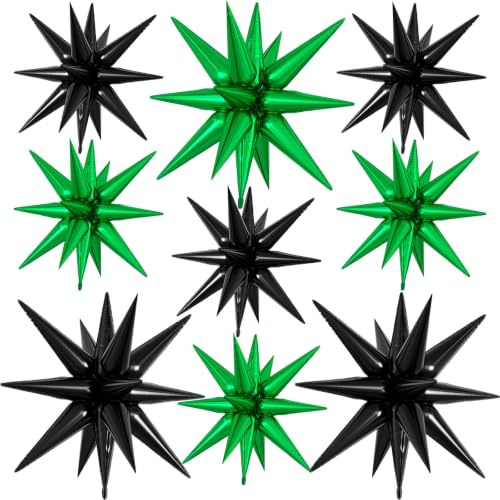 9Pcs Green and Black Star Balloons, Large Explosion Foil Balloons, Metallic Spike Balloon for Graduation Birthday Anniversary Video Game Football Theme Party Supplies,3 Pcs 27Inch & 6 Pcs 22Inch