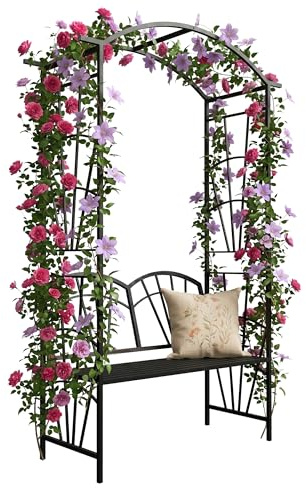 Relaxdays Arco de Rosas de Metal, HBT: 210 x 134 x 48 cm, Arco con Banco, Arco Estable para Plantas trepadoras, Color Negro