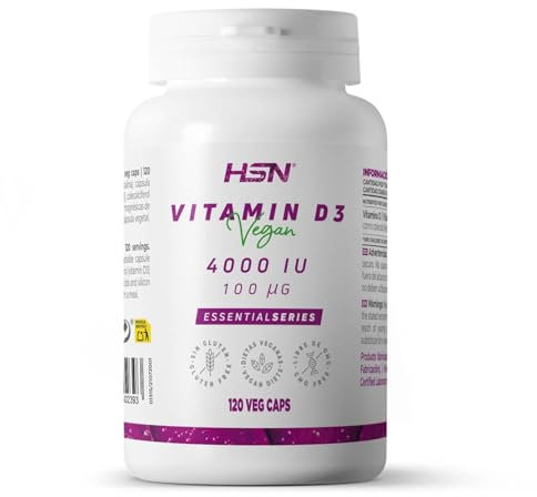 HSN Vitamina D3 Vegana 4000 IU | 120 Cápsulas Veganas 100 MCG Colecalciferol procedente del Liquen para 4 Meses de Suministro | No-GMO, Sin Gluten