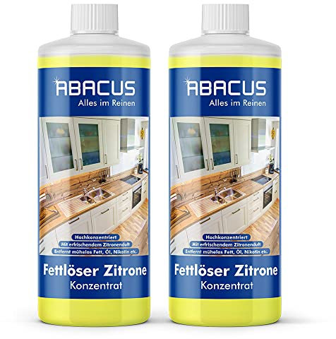 ABACUS® Fettlöser Zitrone Konzentrat, Zitronen Allzweckreiniger Konzentrat, Küchenreiniger, Kraftreiniger, Universalreiniger, Nikotinentferner – Fettlöser Zitrone Konzentrat 2x 1000 ml (7699.2)