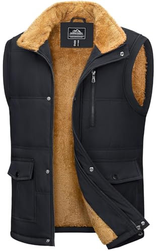 MAGCOMSEN Herren Outdoor Weste Winter Fleeceweste Warme Stehkragen Übergangsjacke Männer Gefüttert Winter Jacken Angeln Wandern Gilet Schwarz M