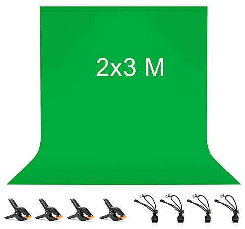 2 x 3M grön backdrop, Vevelux Green Screen med 8 klämmor, 100% polyester grön backdrop vikbar tvättbar hållbar för fotografi, video, kamera, foto, videoinspelning