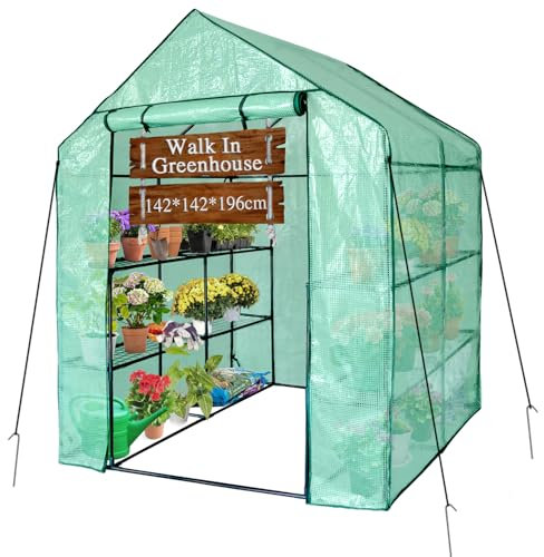 Colwelt Walk In Greenhouse, Garden Green House with Reinforced Tubular Steel Frame, 3 Tiers 8 Shelves Plant House GrowHouse for Outdoor, Ground Pegs & Ropes Included for Stability(142*142*196cm LxWxH)