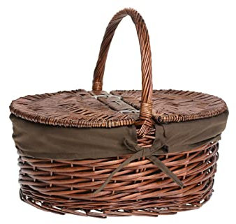 HERSIG - Cesta Mimbre Grande con asa – Cestas de Mimbre Multiusos - Cestas con Tapa para Picnic - Cesta Picnic Ovalada Caoba 35 x 25 x 17/30 cm