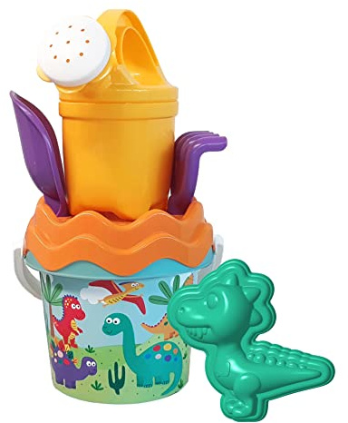 Simba 107114603 Dino Baby Jeu de 6 seaux à Sable (Tamis, Forme de Sable, Pelle, râteau, verseur, 11 cm, diamètre 14 cm, à partir de 10 Mois)