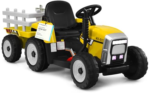 COSTWAY 12V Tractor Electrico para Niños con Remolque, 3 Velocidades y Control Remoto 2,4G Juguete Tractor con Luces LED, Música,USB y Bluetooth para Niños Mayores de 4 Años (Verde)