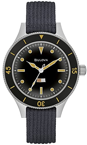 Bulova Men's Archive Series MIL-SHIPS-W-2181 Stainless Steel 3-Hand Hack Automatic Watch, Grey Nylon Strap and Black Matte Dial Style: 98A266, Silver, Automatic Watch