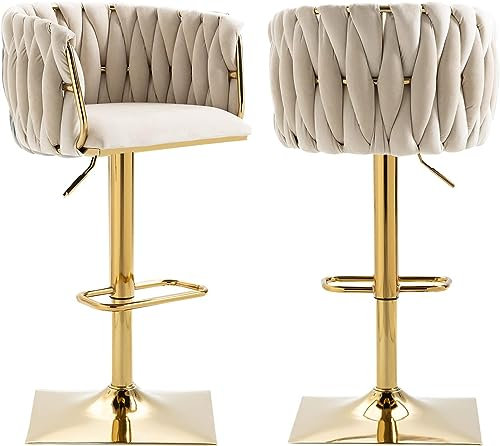 SUPPNEED Barstuhl,Samt Barhocker 2er Set,Verstellbare Barstühle, Drehbar Küchenhocker mit Fassrücken für Küche und Hausbar,Ivory