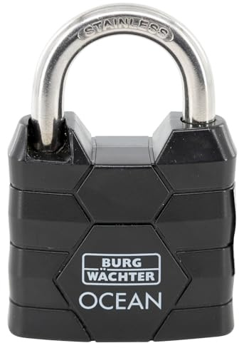 BURG-WÄCHTER Vorhängeschloss, Vorhangschloss mit 2 Schlüsseln, 6,3 mm Bügelstärke, Seewasserfest, Massiver Messingkörper, Doppelt Verriegelt, Ocean 490 Ni 40 SB, Schwarz