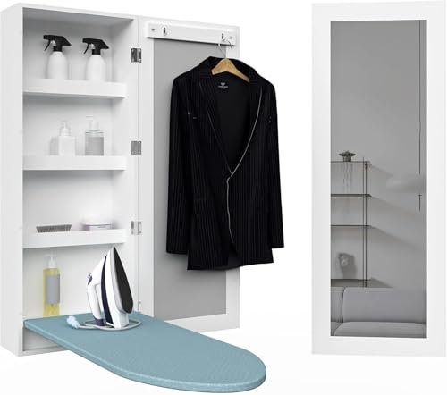 Organizedlife Armadietto per asse da stiro, armadietto portaoggetti da parete con specchio, staffe in metallo, pieghevole e nascosto per risparmiare spazio, bianco