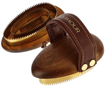 Equimour Metallstriegel – Effektiver Pferdestriegel mit Messingzinken und ergonomischem Holzgriff, entfernt zuverlässig groben Schmutz und Verkrustungen für eine gründliche Fellpflege