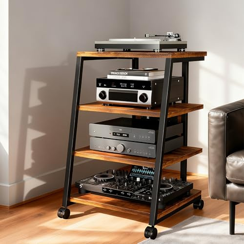 WUDLEP HiFi Stand, 4-Tier AV Media Stand with Power Strip and Wheels