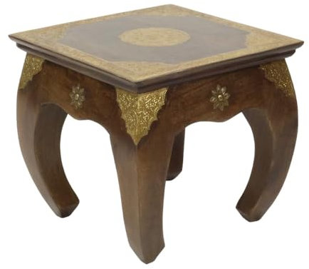 Indischer Opiumtisch mit Messing Verzierung Tisch Tischchen Nachttisch Hocker Asien Braun Gold Klein