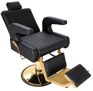 IJIALIFE Reclining Barber Chair 450 lb Capacity, Hydraulic Salon Chair with Adjustable Headrest & 360° Swivel, Heavy Duty Styling Chair for Barbershop, Hair Salon, Spa & Home (Black & Gold)