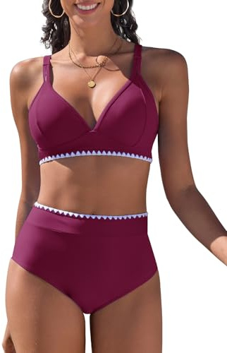 UMIPUBO Traje de Baño 2 Piezas Mujer Bikinis Push up Cuello en V Talle Alto Bañadore Conjunto Sólido Sexy Cintura Alta De Dos Piezas(Morado Rojo,M)