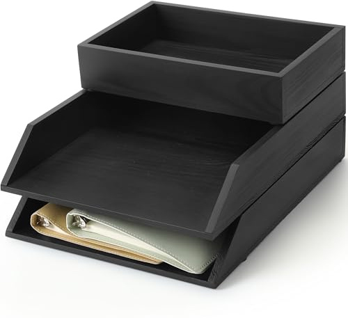 Beeveer 3 Pcs Wooden Letter Trays, Wood Letter-Size Desk Organizer, Heavy Duty 3 Tier Stackable Support Paper Tray Tabletop Inbox Drawer Desktop Organizer for File Folder Magazine Office(Black)