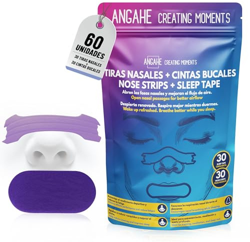 ANGAHE creating moments | 30 Tiras Nasales+30 Cintas Bucales para Dormir mejor. Tiras Nasales para Respirar Mejor y Cintas Bucales Antironquidos - Pack Completo para Sueño Profundo y Energía Diaria.