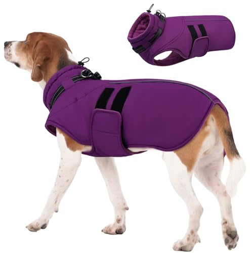 IECOii Dog Winter Coat XL,Waterproof Dog Coats with Harness,Adjustable Fleece Snow Jacket with Magic Tape,Sleeveless Warm Dogs Coat Reflective,Extra Large Dogs Jacket for Autumn & Winter,Purple,XL