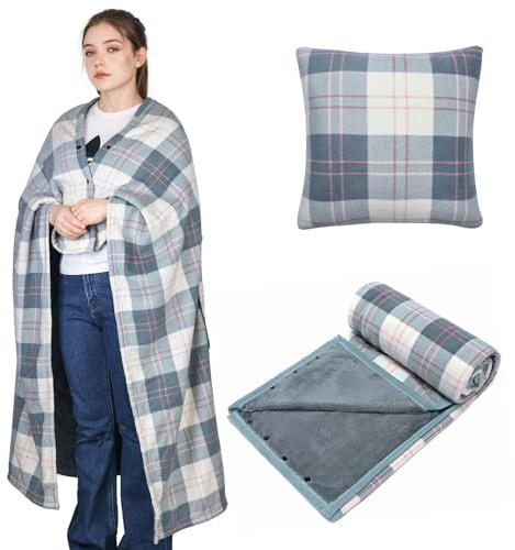 SIVENKE Coperta portatile, cuscino compatto 2 in 1, coperta da donna in pile con bottone, copriletto a quadri, cuscino per letto, divano, ufficio, Azzurro, 135 x 120 cm
