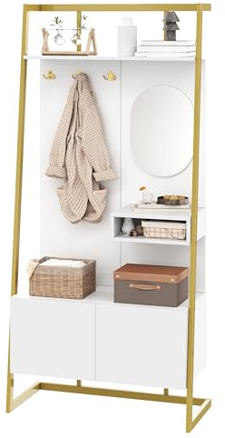 HAINEW Set di appendiabiti da parete con specchio e ganci in metallo, per corridoio, soggiorno, 78 x 38,5 x 180,5 cm, guardaroba da corridoio, con scarpiera, appendiabiti, scarpiera (bianco)