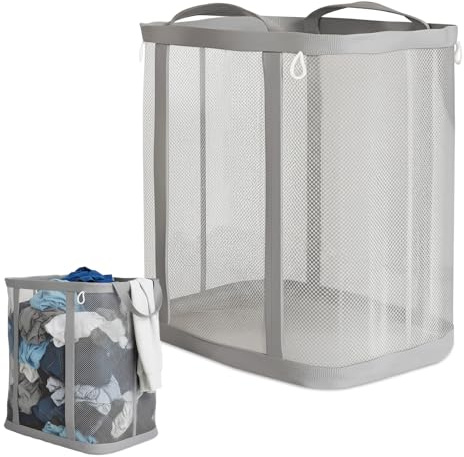 40x26x40cm Folding Washing Basket Large Capacity Mesh Laundry Basket Clothes Storage Baskets with Handles for Laundry Bin Toy Storage, Breathable & Odorless (Grey)
