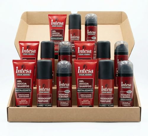 Set Viaggio Uomo 3 Pezzi Homme – Deodorante Ylang Ylang, Schiuma da Barba Olio di Avocado, Doccia Shampoo Ginseng 50 ml – Kit Uomo da Viaggio Bagaglio a Mano (5 kit)