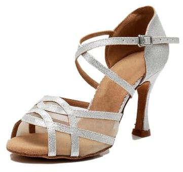 MGM-Joymod Sandali da Donna Comfort Mesh Glitter Salsa Tango Sala da Ballo Latina Moderni Scarpe da Ballo Matrimonio Party Sandali, Argento Glitzer, 9cm Absatz,38 EU