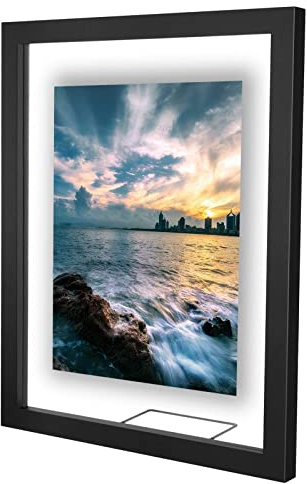 ONE WALL 11x14 Inch Floating Frame, Black Wood Double Glass Float Picture Frame Display 11x14/8x10/5x7 Inch Photos or Plant or Petal Specimens for Wall and Tabletop - Mounting Accessories Included