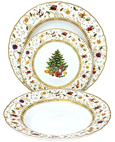 NAMAI - Servizio Piatti Natalizi, 18 Pezzi, Adatti alla Lavastoviglie, Porcellana Resistente, Eleganza Natalizia, Set Piatti 6 Persone, Idea Regalo, Articoli Natalizi (ALBERO ORO)