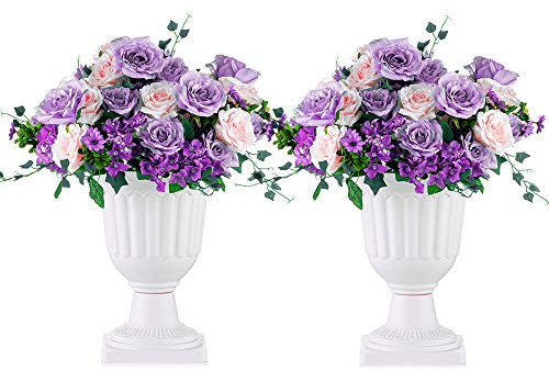 NUPTIO 2 Stück Blumenspindel, Dekorative Urne aus Kunststoff mit Einer Höhe von 35.5cm, Hoher Kunststoff Pflanzensockel, Blumentopf im Vintage Stil, Hausgarten Veranda Türdeck Balkondekoration, Weiß