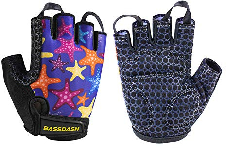 BASSDASH UPF 50+ Kids' Gloves with Padded Grippy Palm UV Protection for Bicycles Fishing for 1-8 Years Old Boys Girls (Starfishes, X-Large)