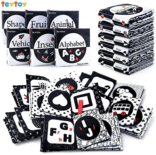 teytoy Black and White Baby Book Baby Sensory Toys High Contrast Sensory Books First Book Newborn Toys Early Educational Baby Books 0-6 Months Newborn Baby Gifts, 6 pcs