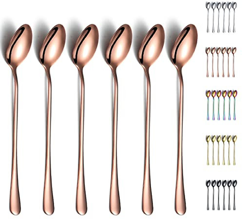 Rose Gold Iced Spoon,Kyraton Stainless Steel 7.5 Long Handle Mixing Spoon with Copper Titanium Plating,Ice Cream Spoon, Stirring Bar Spoon, Cocktail Spoon, Latte Spoon Pack of 6