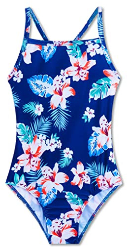 Girls Swimsuit Size 6-7 Years Old Blue Floral Printed Bathing Suits for Kids Swim Lesson Water Sports Surfing Swimwear