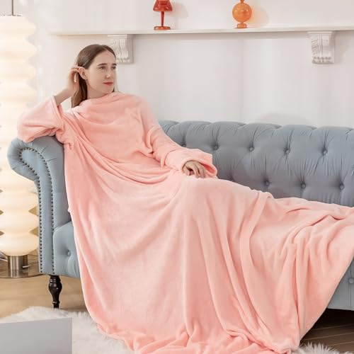 Aisbo Plaid Felpa Coperta con Maniche - Pigiama Oversize Coperta Indossabile Donna e Uomo Flanella Regalo Compleanno Natale Donna TV Blanket (Rosa,150x200cm)