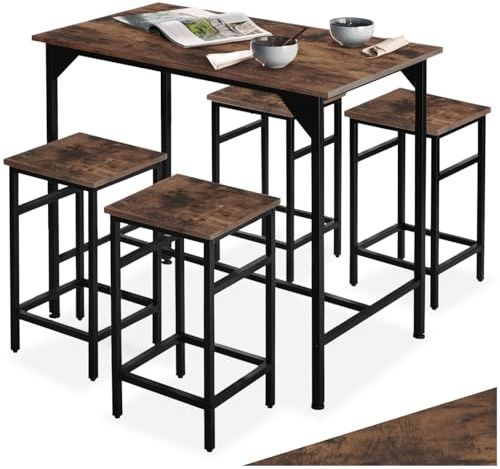tectake® Set Tavolo Bar e 4 sgabelli alti, struttura acciaio, design industriale, tavolo da pranzo alto, penisola cucina e sedie sala da pranzo, casa e cucina e bar - Legno Industriale Scuro