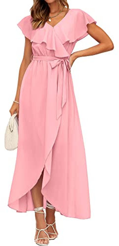 Minetom Femme Robe De Soirée en V-Col Et Manches Courtes Robe en Mousseline De Soie Classique Cocktail Mariage Longue Robe De Demoiselle d'honneur A Rose S